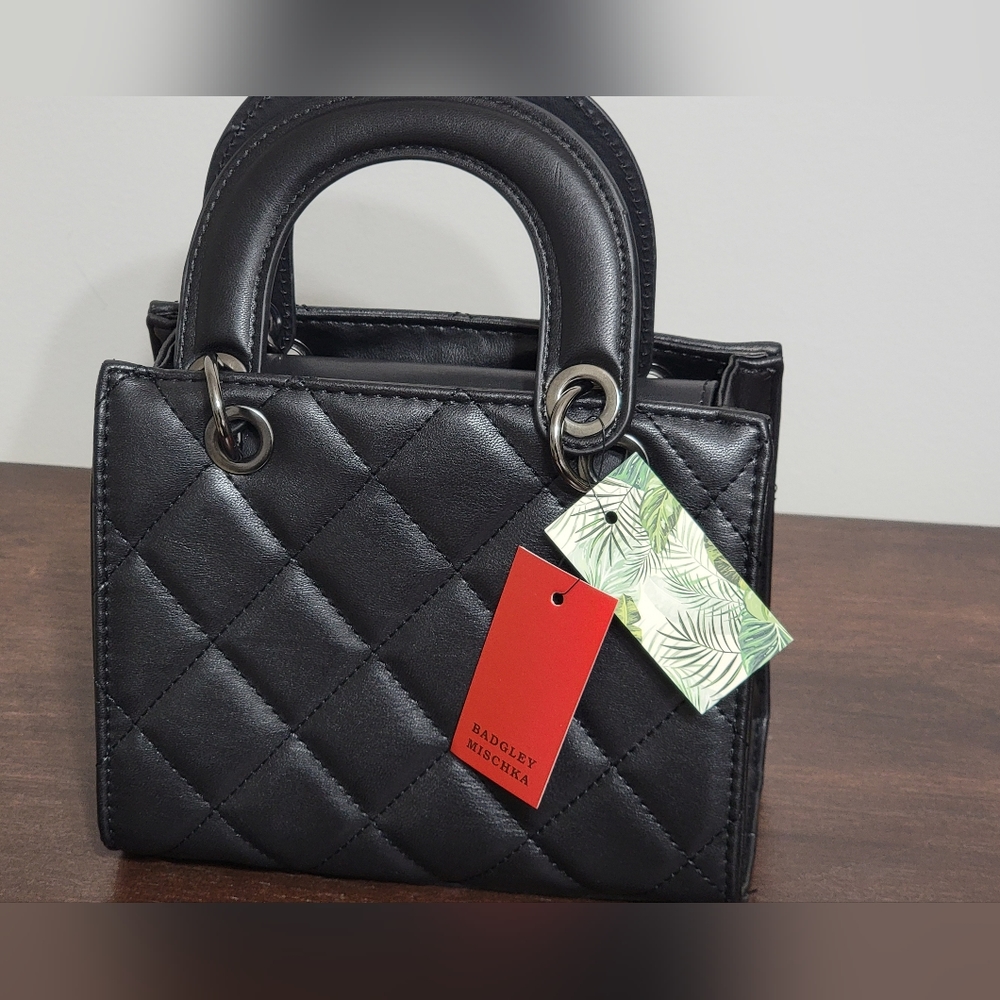 Badgley Mischka NWT Mini Black Vegan Leather Quilted Tote Bag - Picture 11 of 15